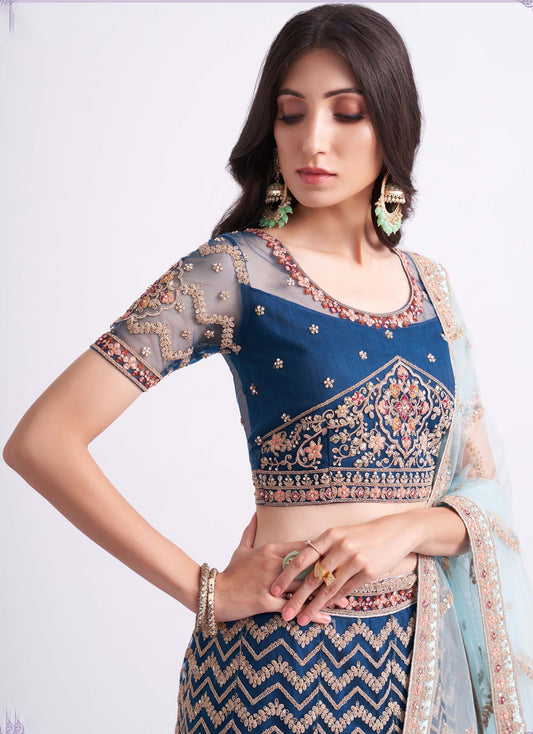 Persian Blue Zarkan Embroidery Net Bridesmaid Lehenga