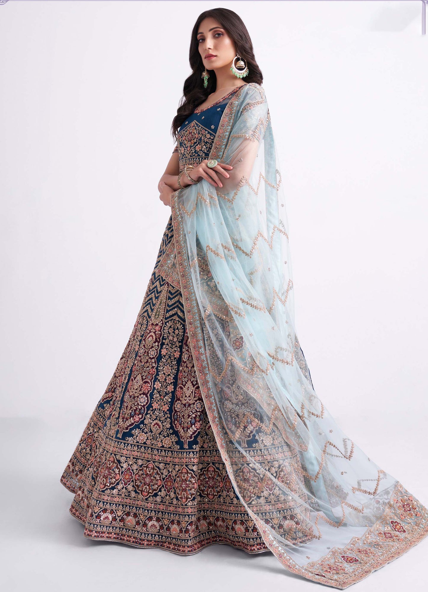 Persian Blue Zarkan Embroidery Net Bridesmaid Lehenga