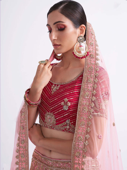 Shaded Rani Pink Zarkan Embroidery Net Bridesmaid Lehenga