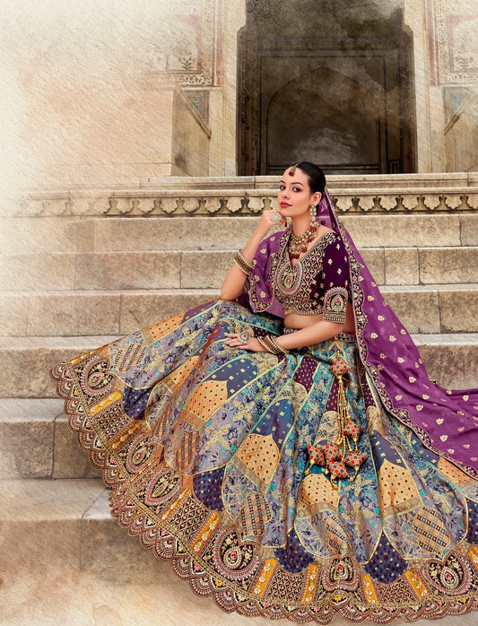 Purple and Blue Sequence and Zarkan Embroidered Banarasi Silk Bridal Lehenga