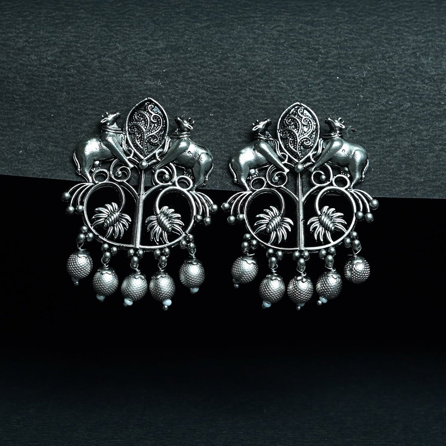 Zevar Club Oxidised Gold-Tone Cow Motif Dangler Earrings with Beads – Antique Statement Jewelry