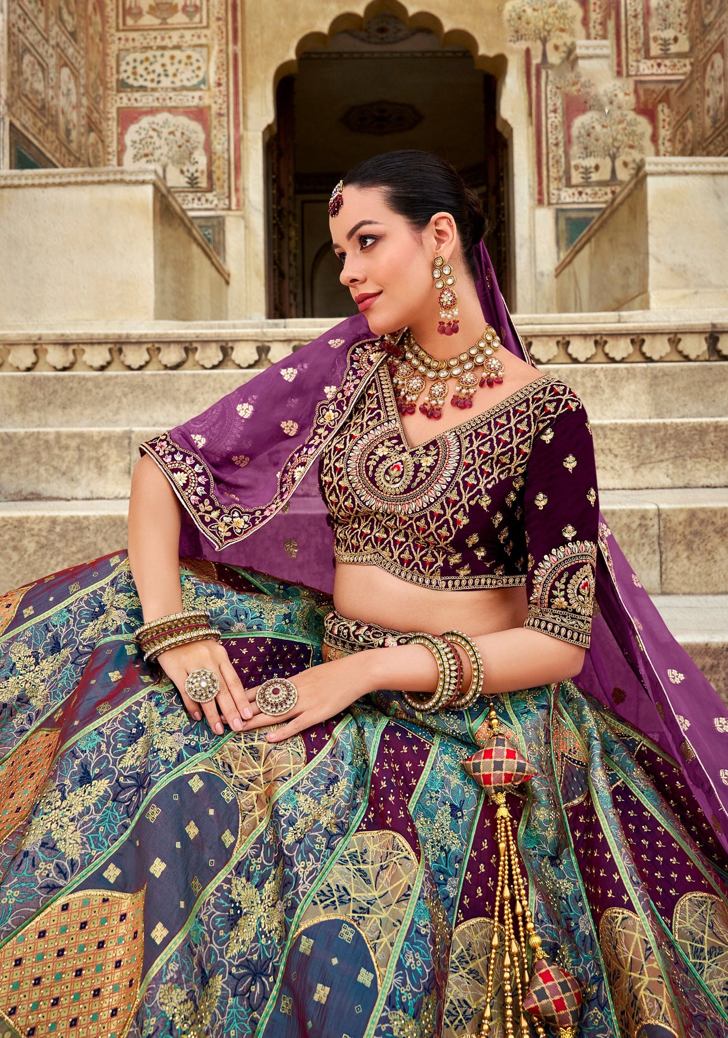 Purple and Blue Sequence and Zarkan Embroidered Banarasi Silk Bridal Lehenga