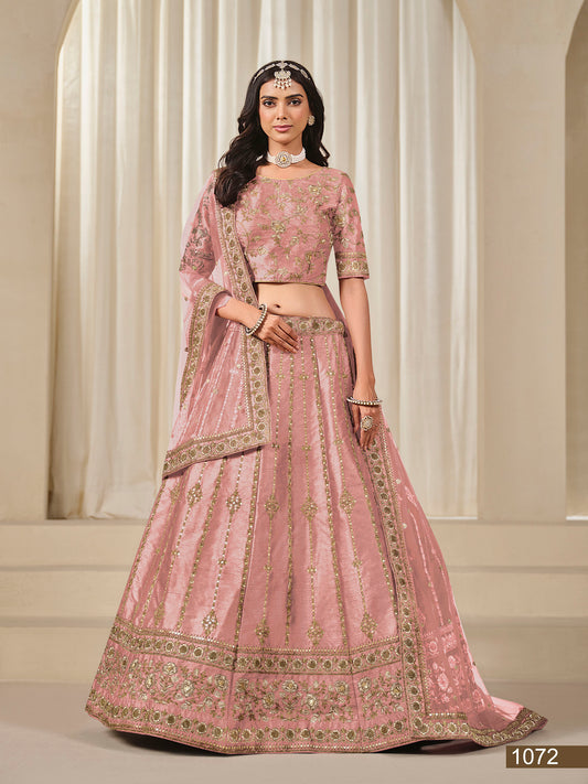 Peach Thread & Sequins Art Silk Wedding Guest Lehenga