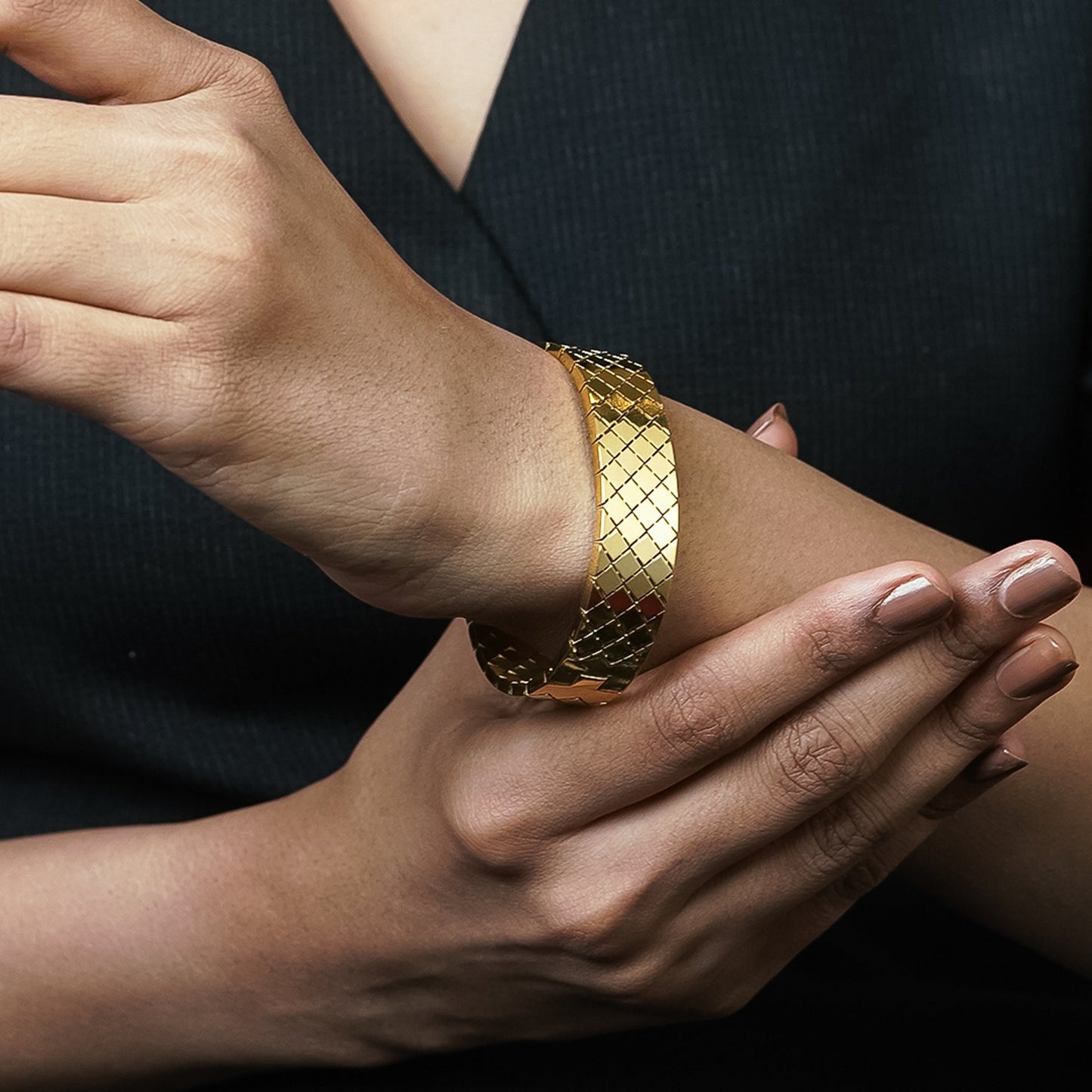 Zevar Club Gold Tone Stainless Steel Tarnish Free Waterproof Criss-Cross Textured Openable Statement Bracelet for Women