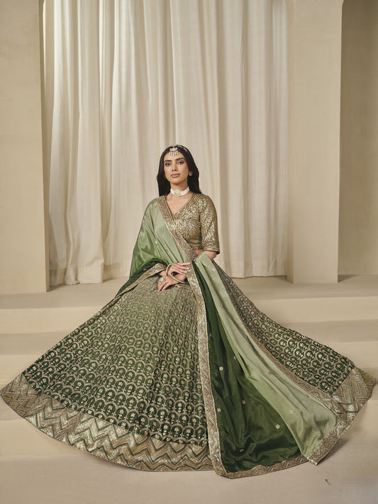 Green Thread & Sequins Embroidered Chinnon Silk Mehendi Lehenga