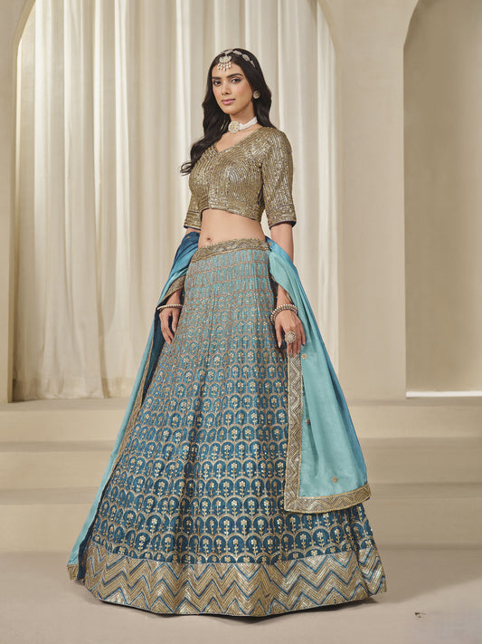 Blue Thread & Sequins Embroidered Chinnon Silk Lehenga