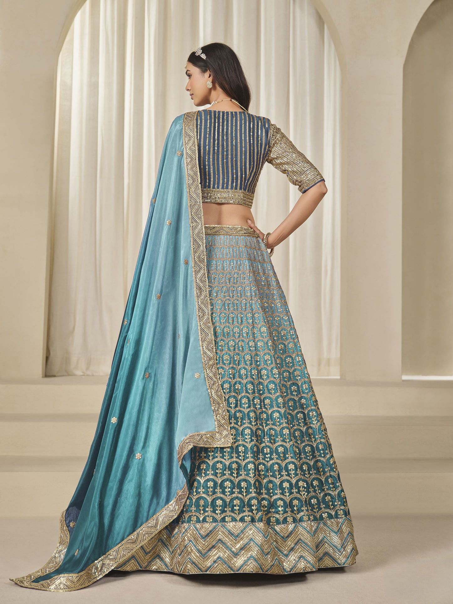Blue Thread & Sequins Embroidered Chinnon Silk Lehenga