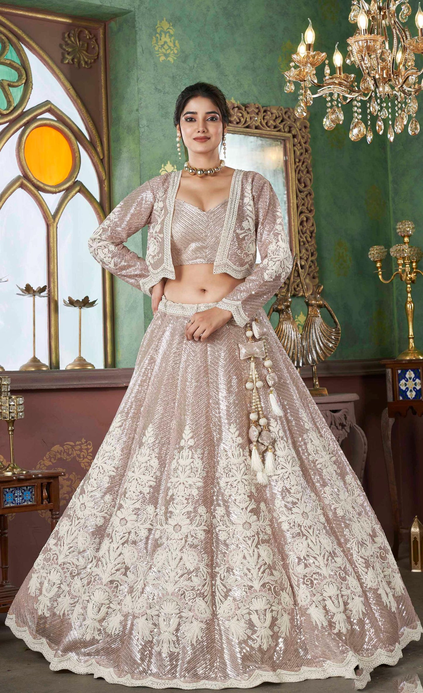 Cream Sequins Embellished Jacket Style Net Lehenga Choli