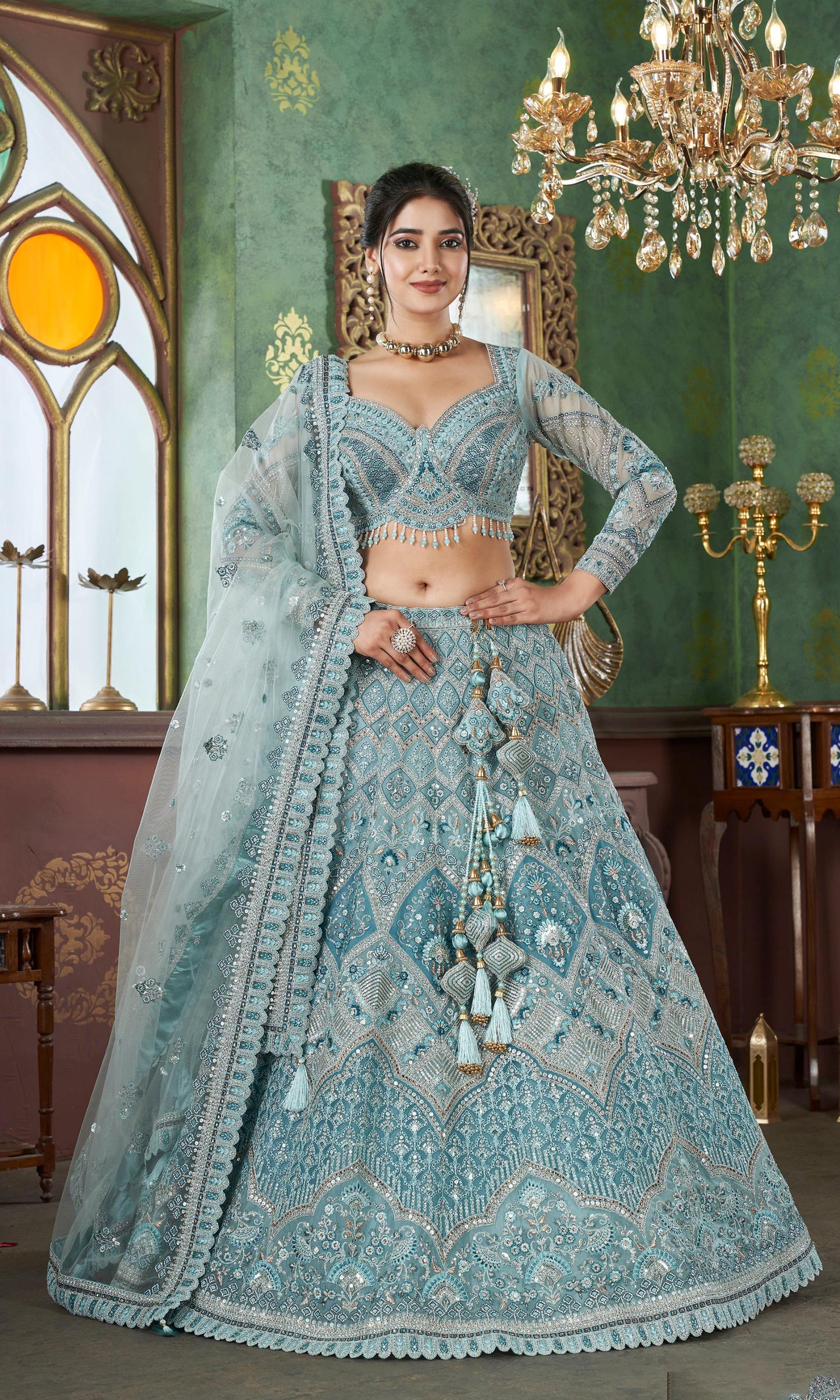 Blue Sequence Embroidery Net Sangeet Lehenga
