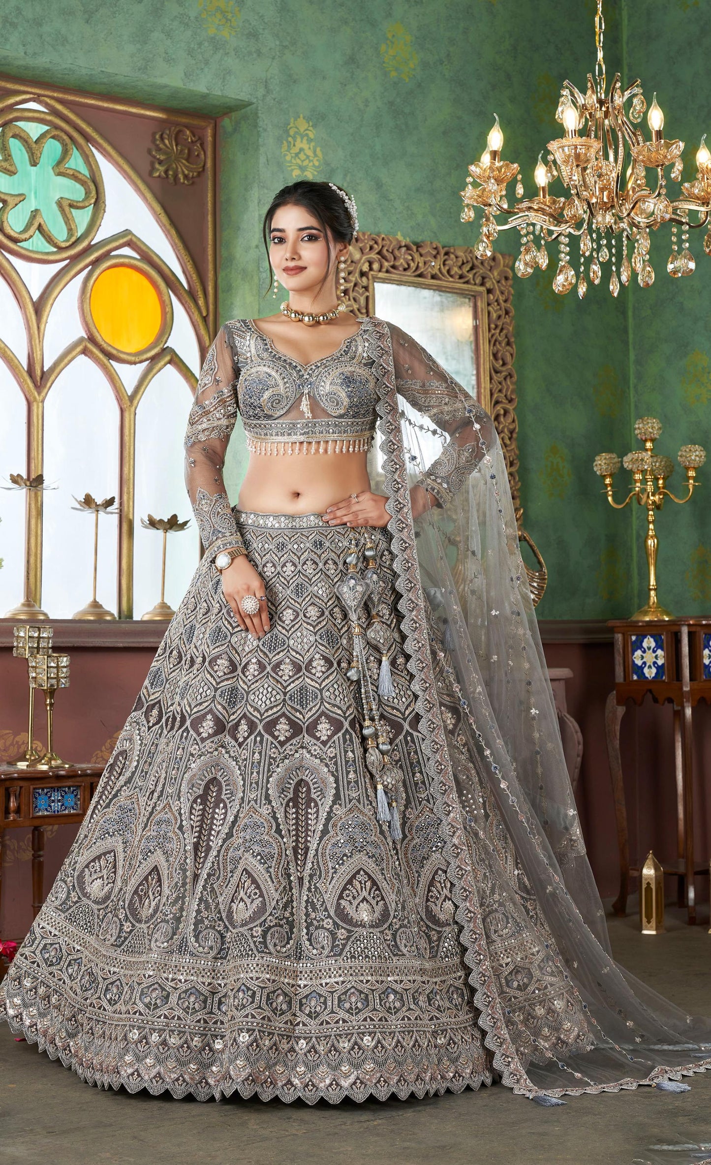 Grey Sequence Embroidery Net Wedding Guest Lehenga