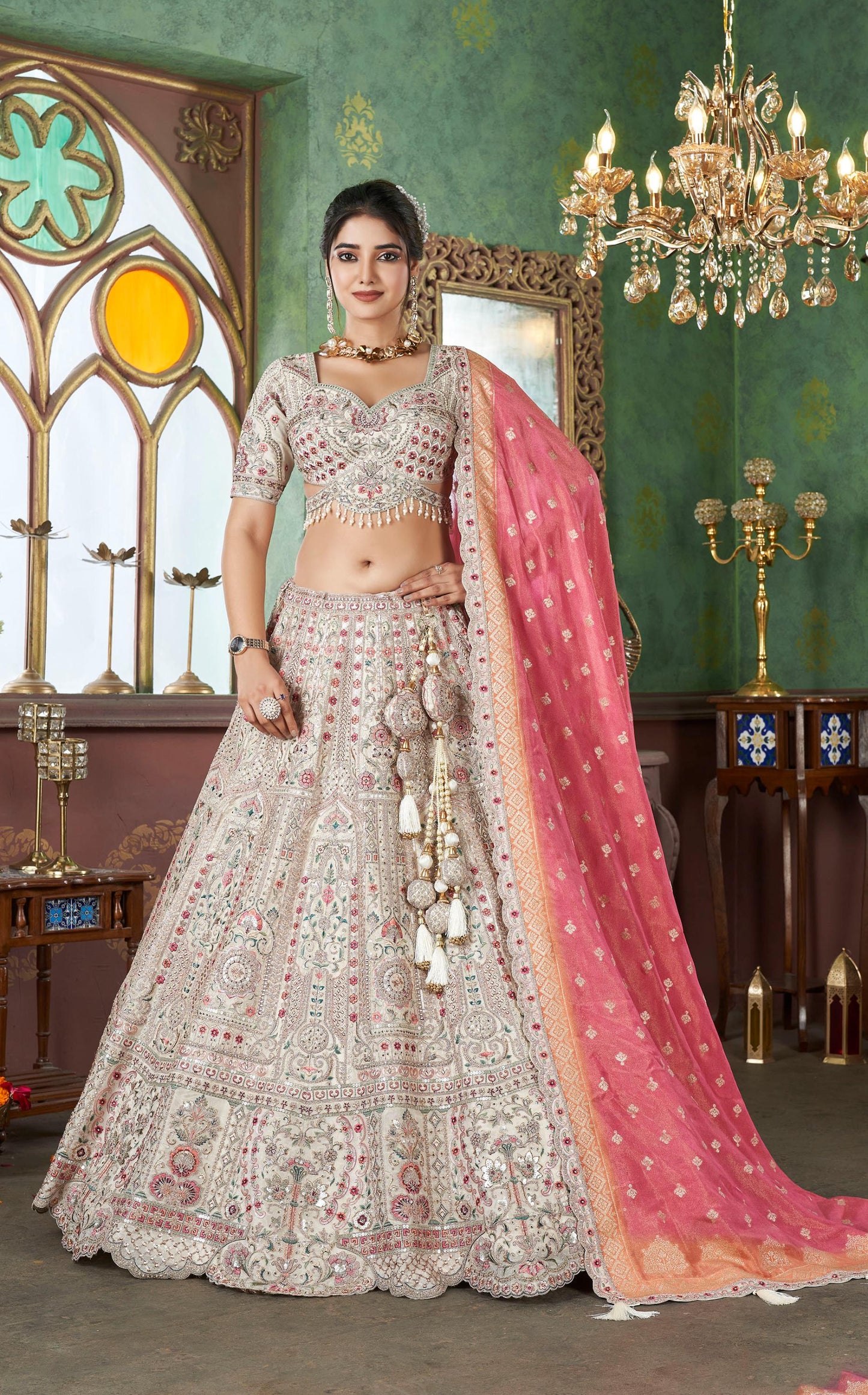 Off White Hand Work and Sequins Embroidery Net Lehenga