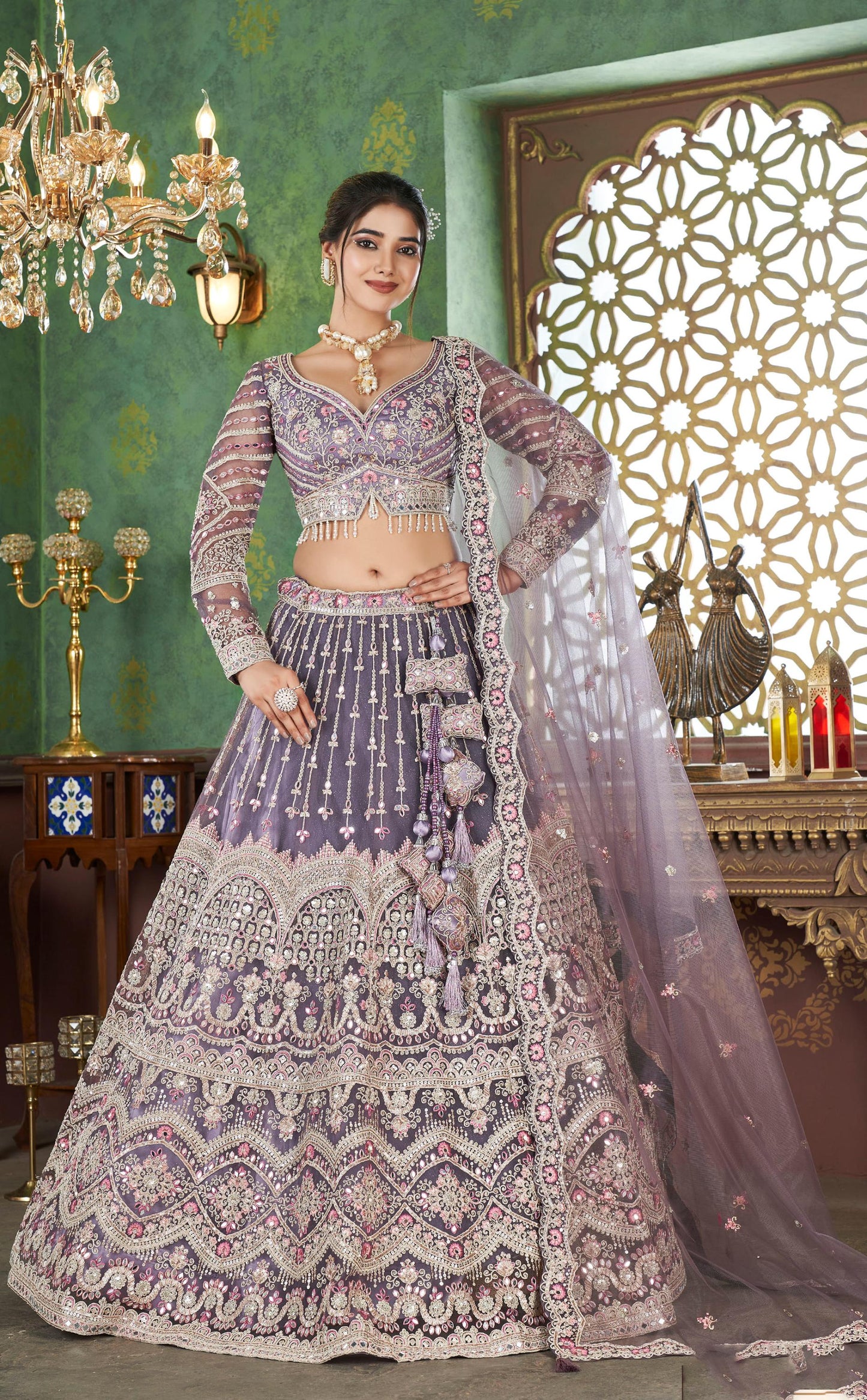 Purple Heavy Sequence Embroidery Net Sangeet Lehenga