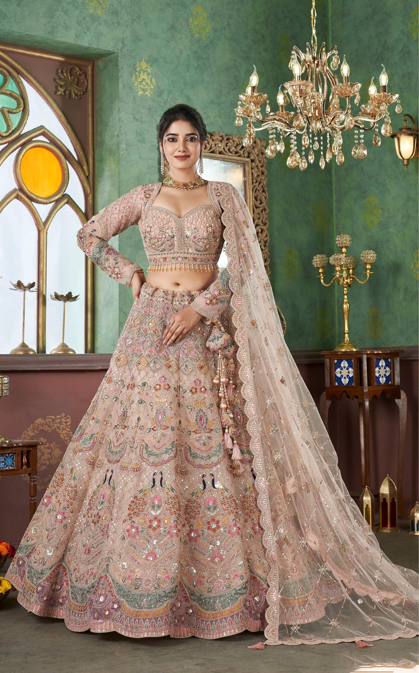 Beige Heavy Sequence Embroidery Net Bridal Lehenga