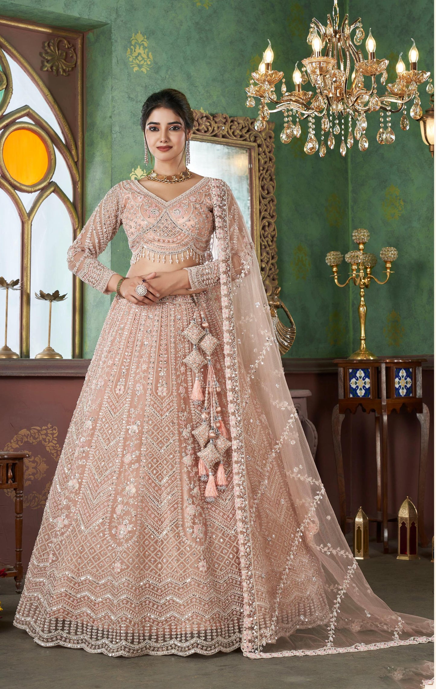 Peach Heavy Beads Work and Sequins Embroidery Net Bridal Lehenga