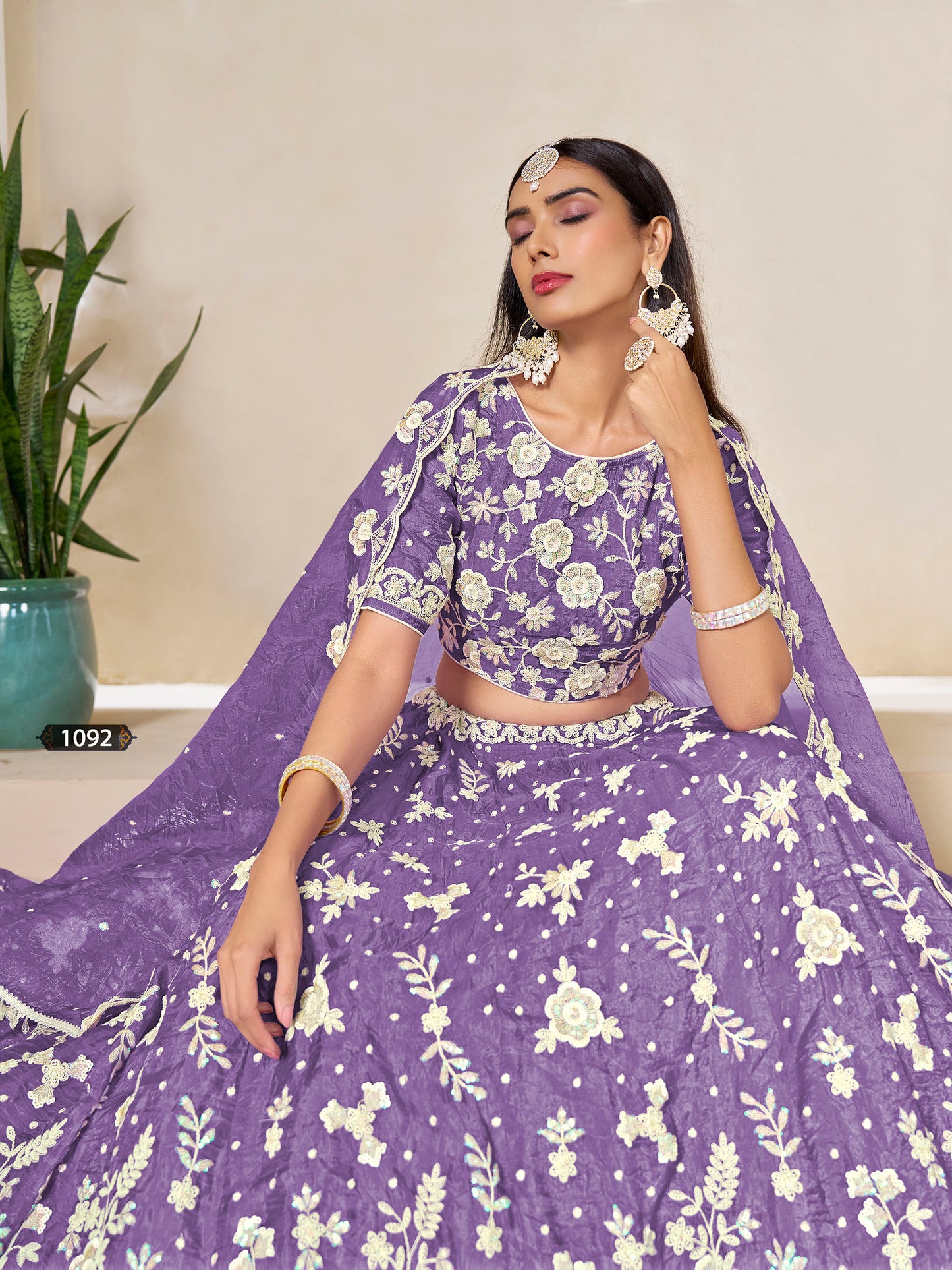 Purple Organza Sequins Embroidered Sangeet Lehenga