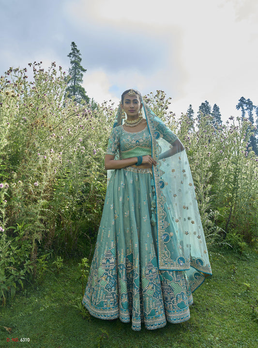 Elegant Pista Circular Lehenga Set in Tissue with Silk Blouse and Coordinating Dupatta