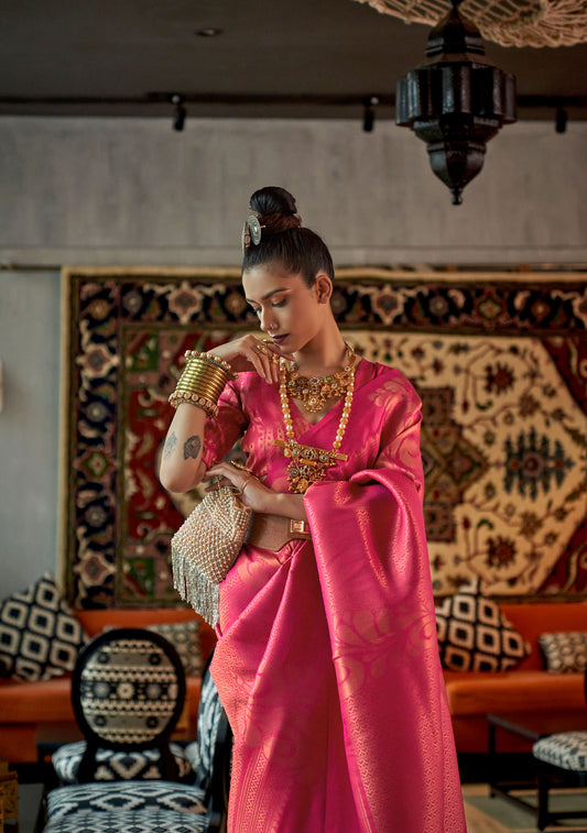 Rose Pink Kanmani Silk Copper Zari Handloom Saree