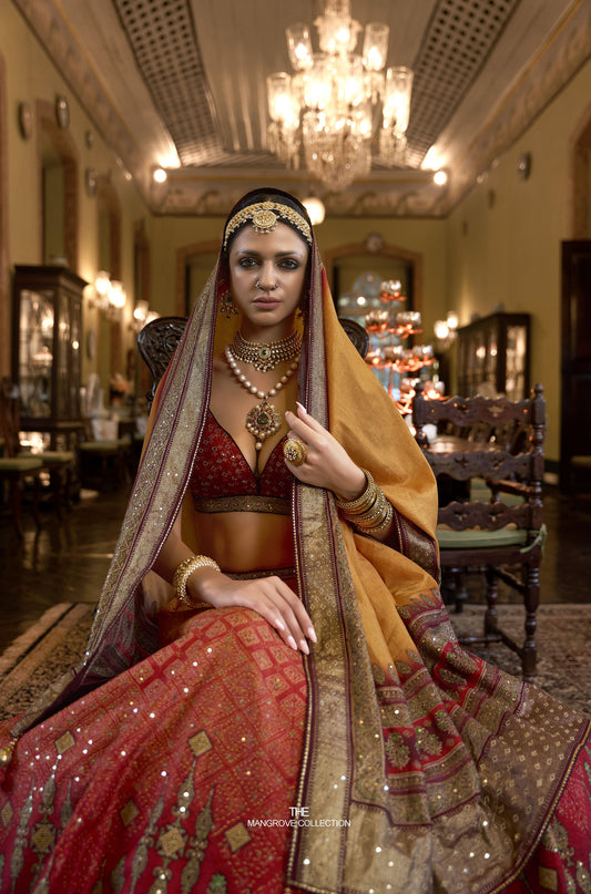 Red and Yellow Mirror Work Bridal Lehenga