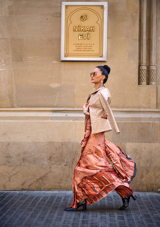 Orange Art work Kubik Print Satin Saree