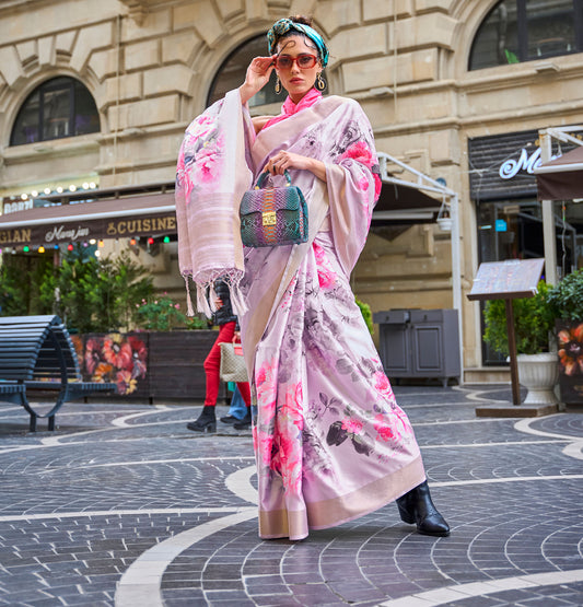 Lavender FLoral Kopper Pure Gaji Silk Handloom Saree
