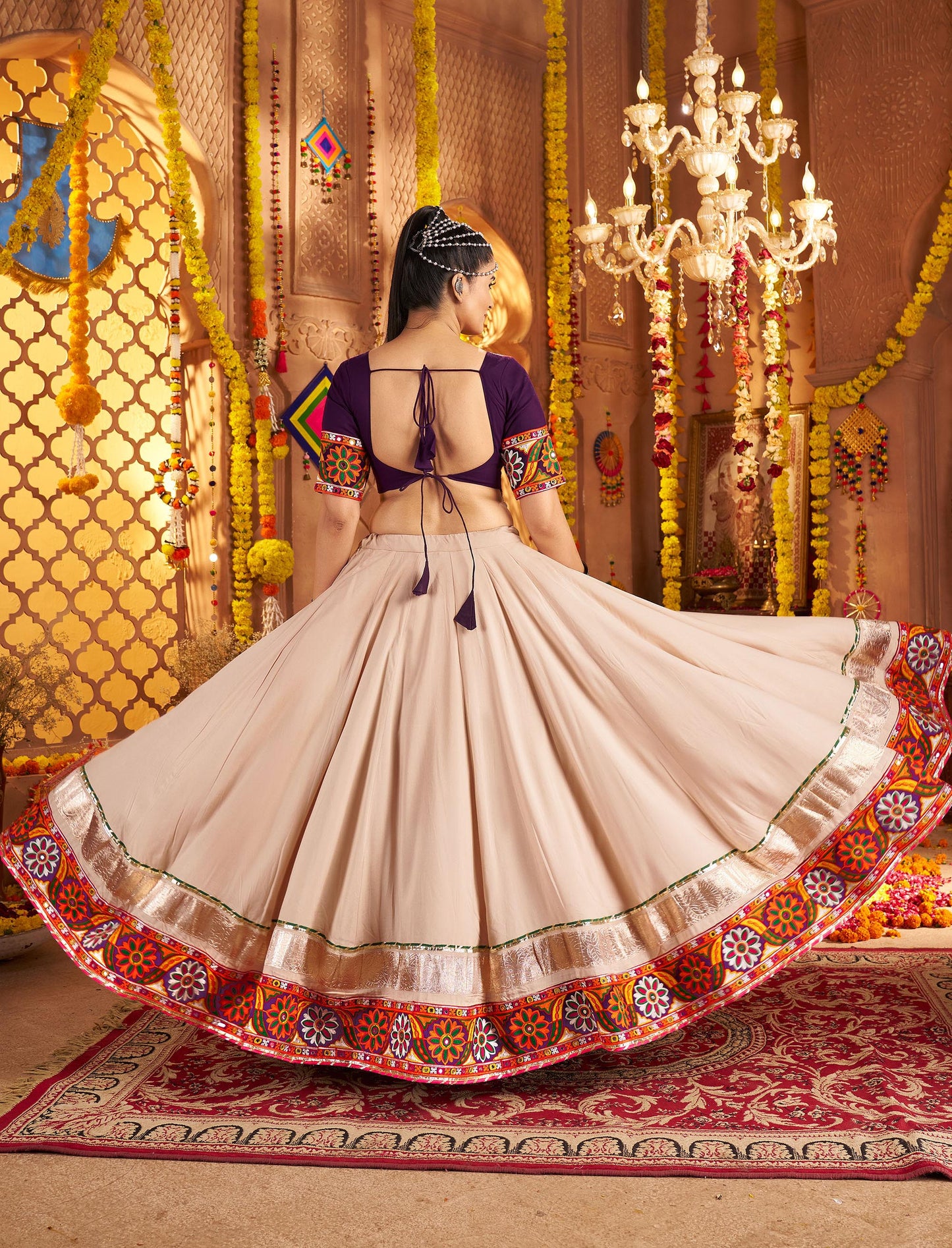 Beige Viscose Rayon Thread & Mirror Embroidery Navratri Chaniya Choli