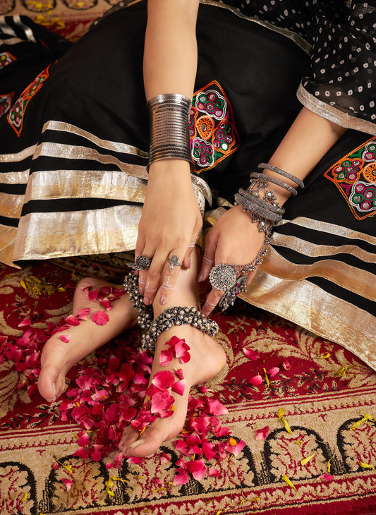 Black Viscose Rayon Hand Mirror Embroidery Navratri Chaniya Choli