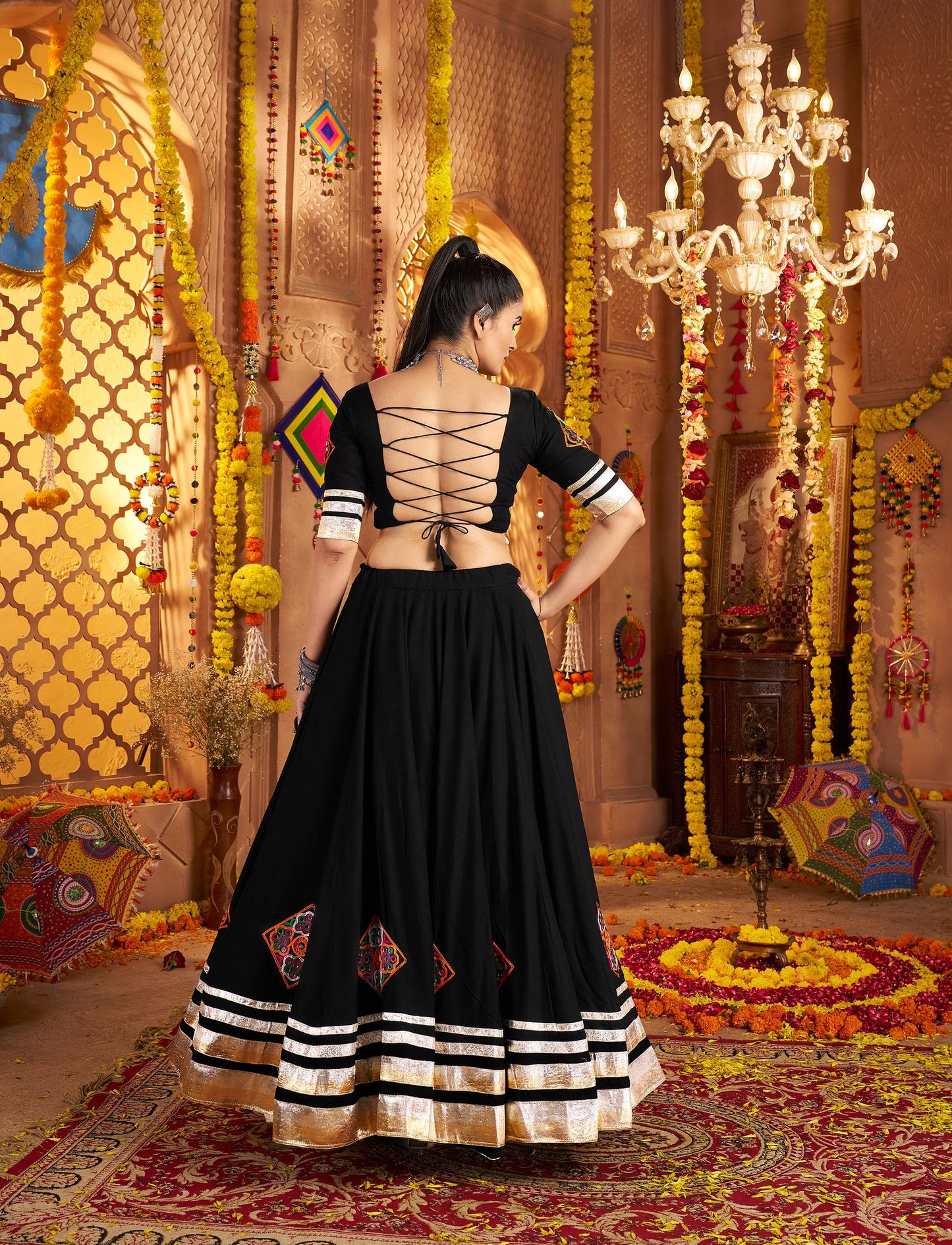 Black Viscose Rayon Hand Mirror Embroidery Navratri Chaniya Choli