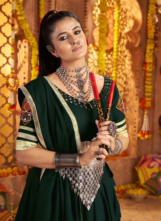 Green Viscose Rayon Hand Mirror Work Navratri Chaniya Choli