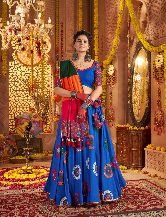 Royal Blue Viscose Cotton Mirror Work Navratri Chaniya Choli