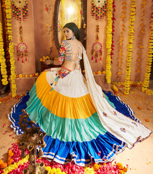 White & Blue Viscose Cotton Mirror Work Navratri Chaniya Choli