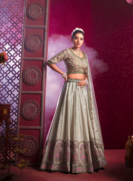 Cream Sequence and Thread Embroidery Silk Reception Lehenga