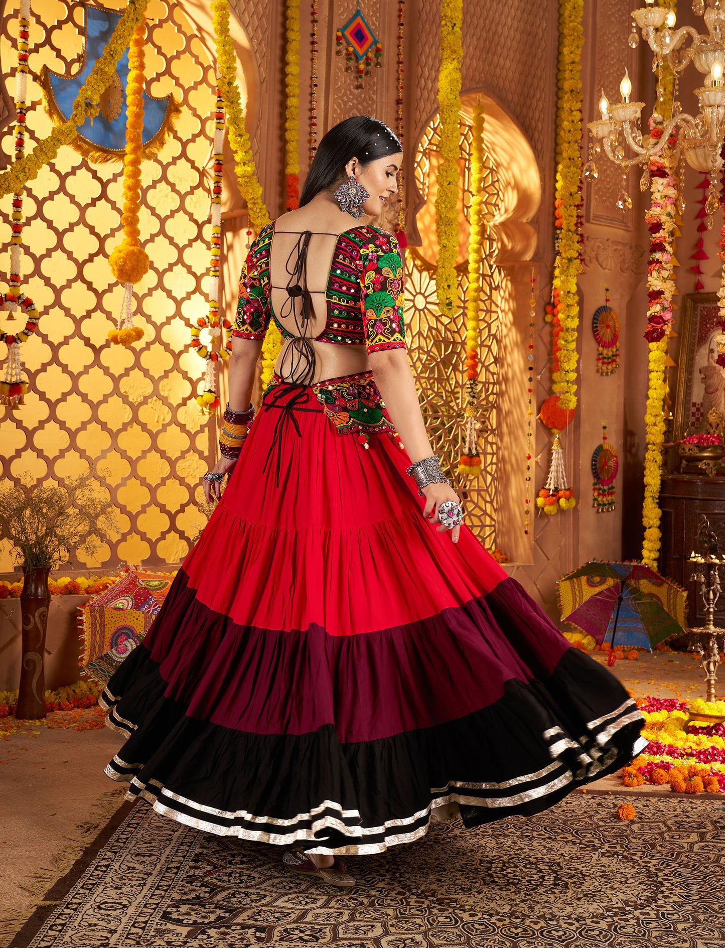 Black & Red Viscose Cotton Mirror Work Navratri Chaniya Choli