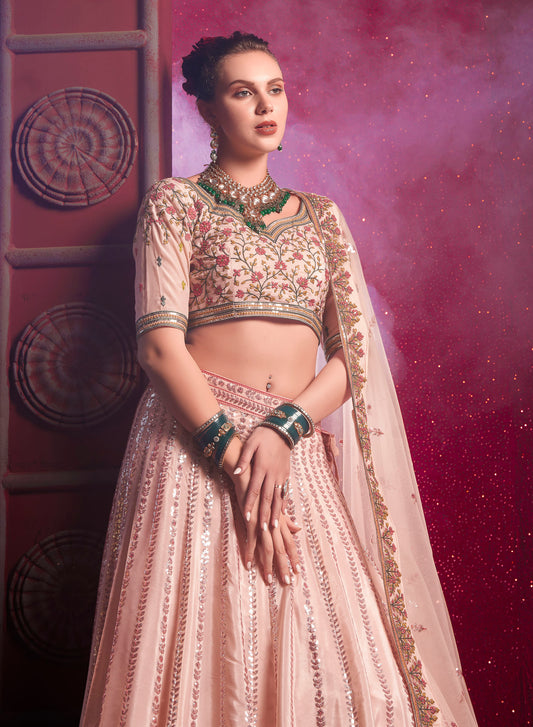 Peach Sequence and Thread Embroidery Silk Sangeet Lehenga