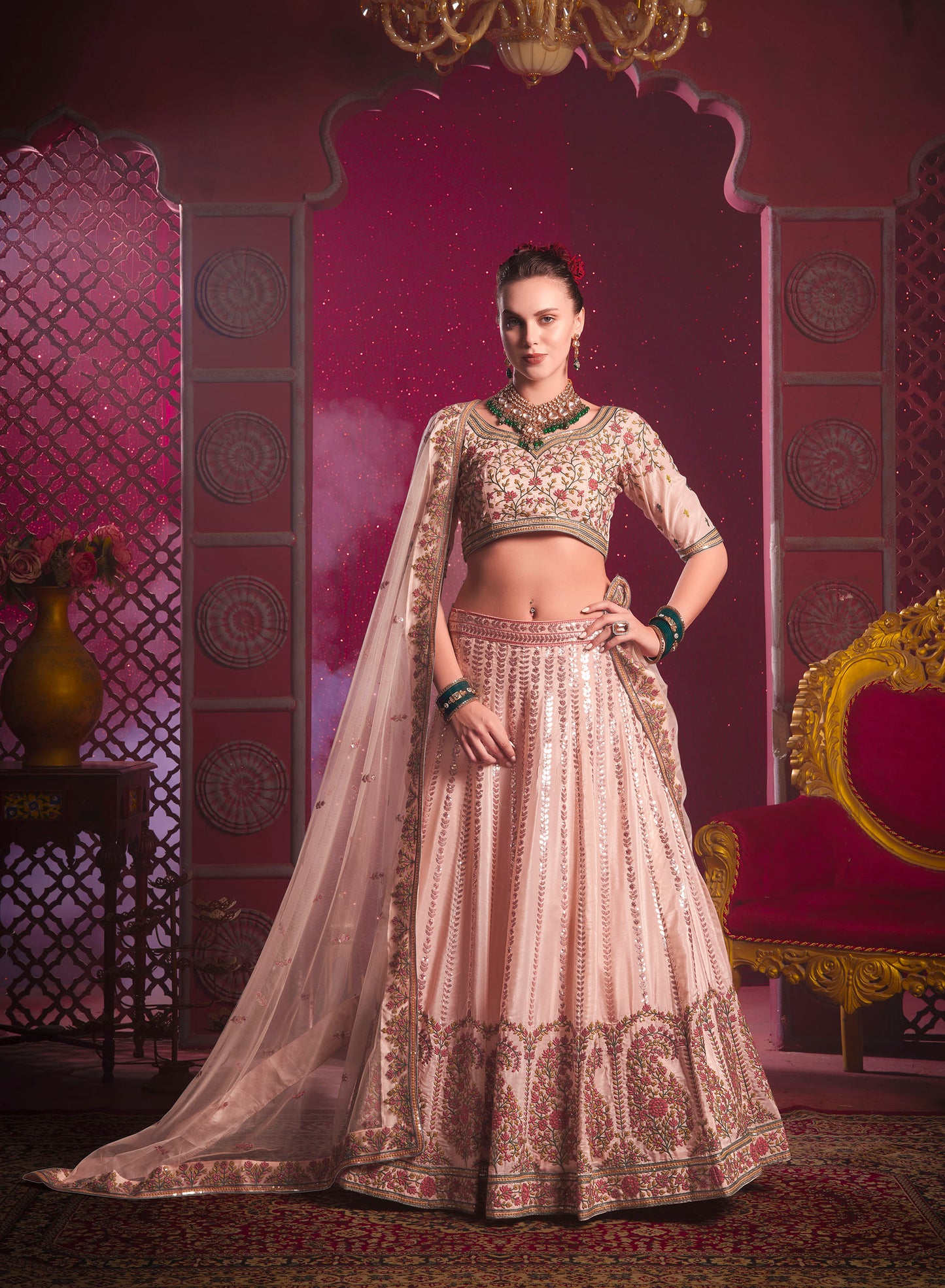 Peach Sequence and Thread Embroidery Silk Sangeet Lehenga