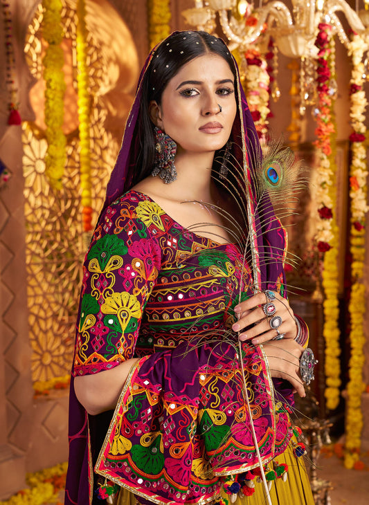 Green & Purple Viscose Cotton Mirror Work Navratri Chaniya Choli