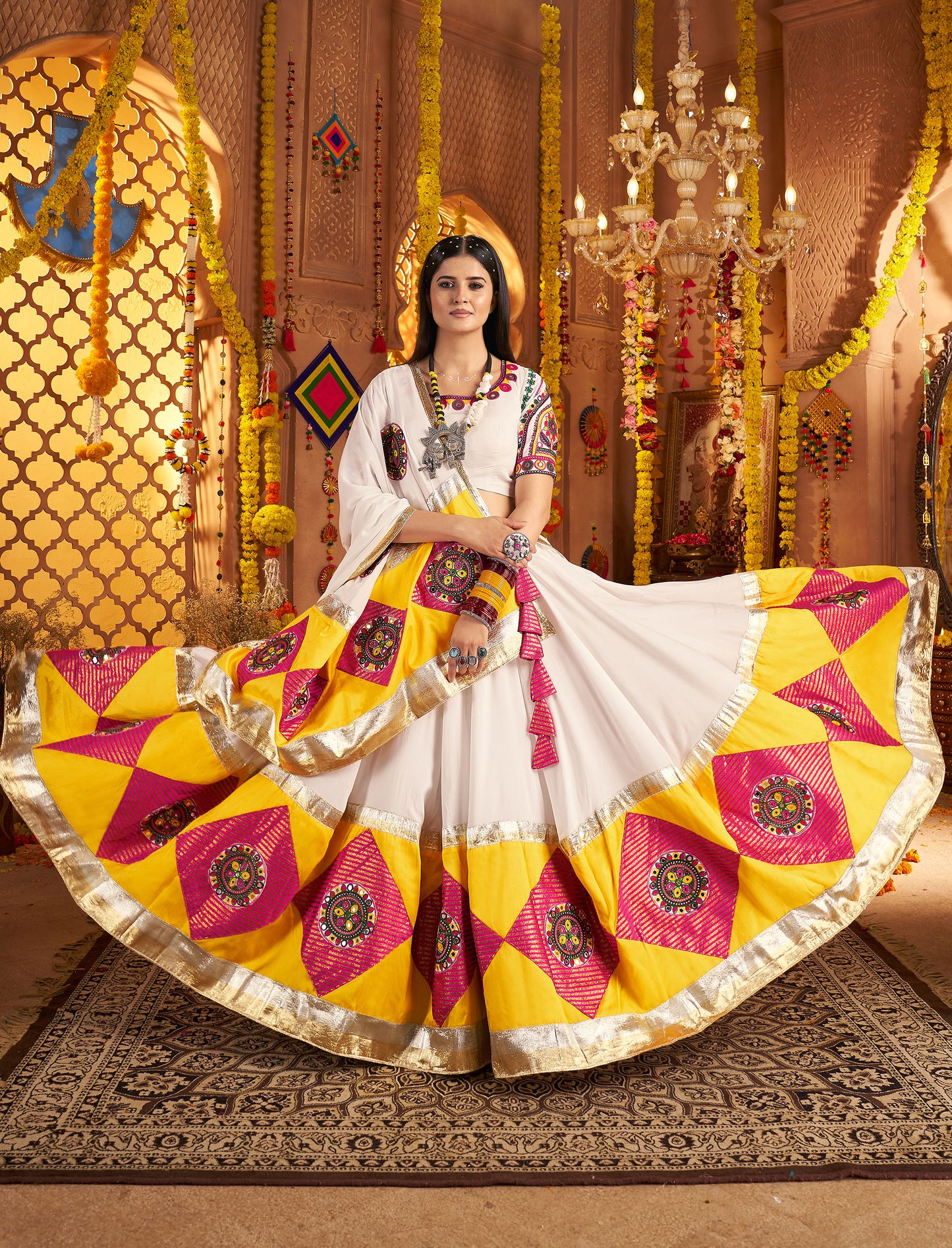 White Viscose Cotton Multi Threadwork with Mirror Work Navratri Chaniya Choli