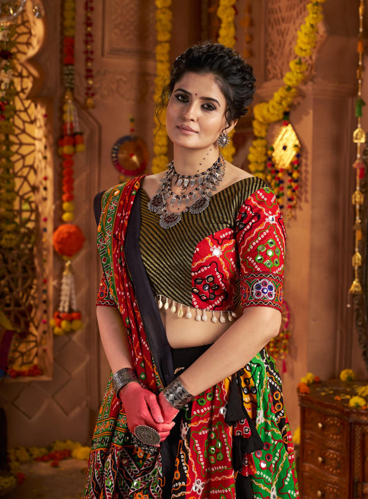 Multi Color Organic Cotton Print with Aari & Foil Work Navratri Chaniya Choli