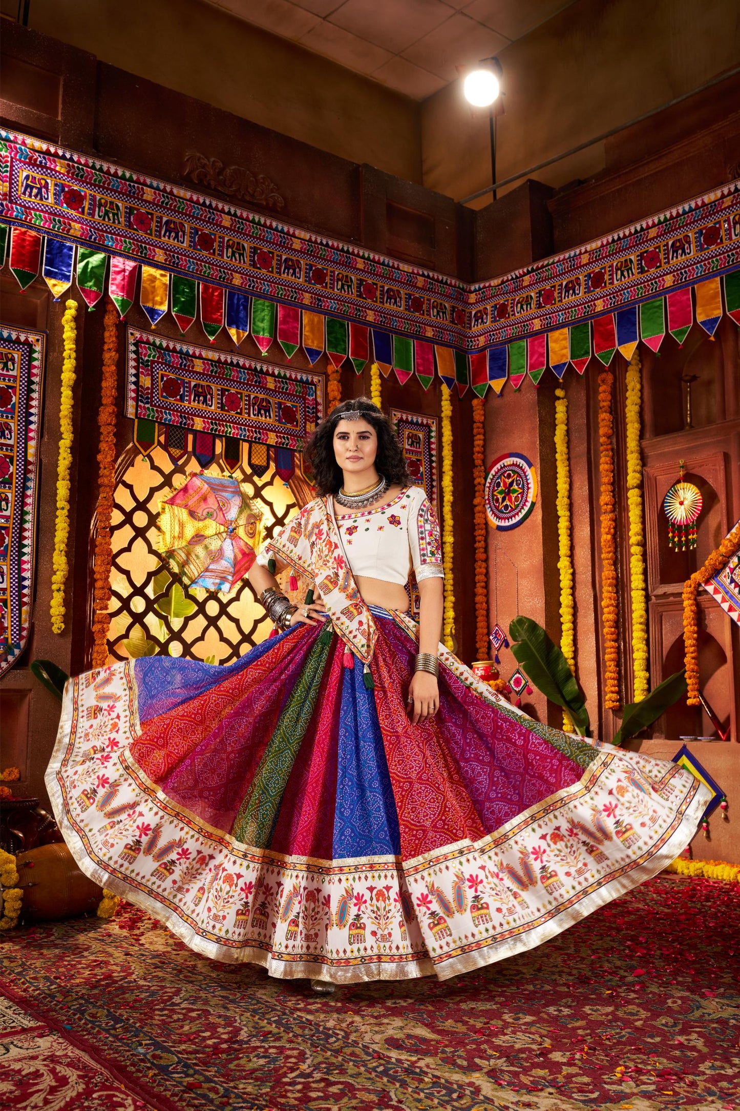 Multi Color Georgette & Viscose Cotton Mirror Work Navratri Chaniya Choli