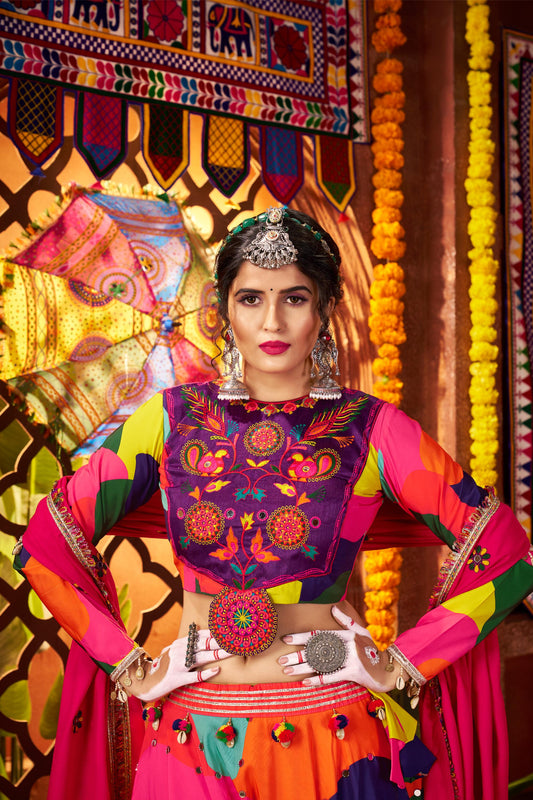 Multi Color Muslin & Viscose Cotton Mirror Work Navratri Chaniya Choli