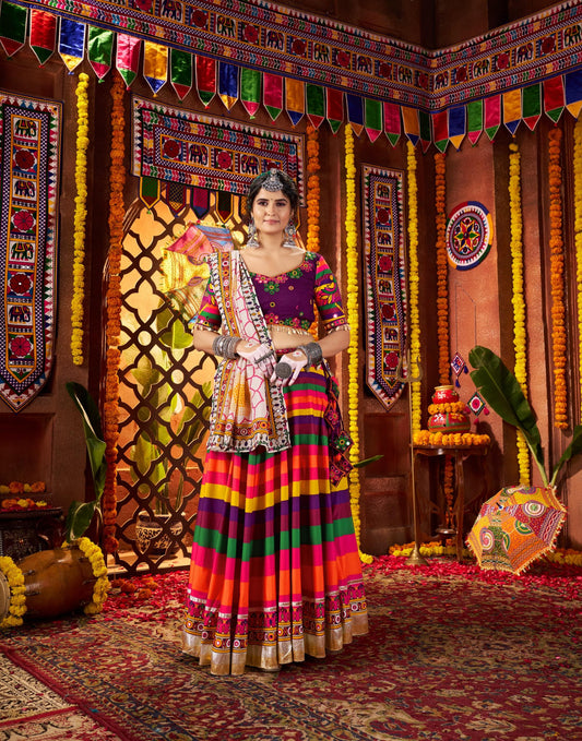 Multi Color Muslin & Viscose Cotton Thread Work Navratri Chaniya Choli