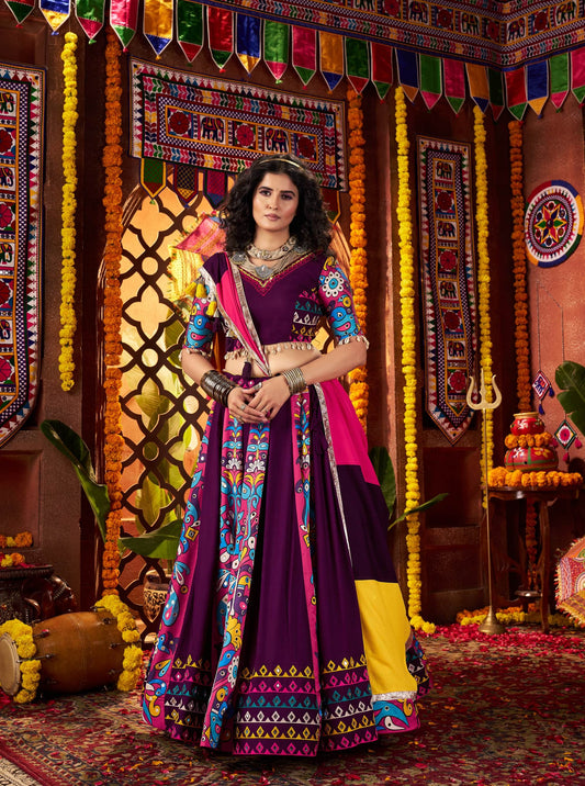 Purple Viscose Cotton Digital Print & Mirror Work Navratri Lehenga Choli