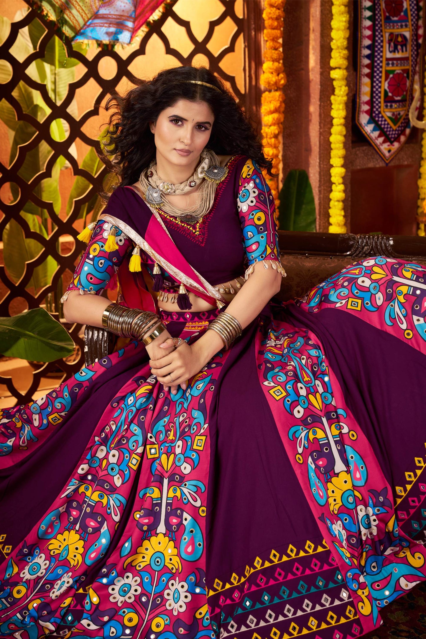 Purple Viscose Cotton Digital Print & Mirror Work Navratri Lehenga Choli
