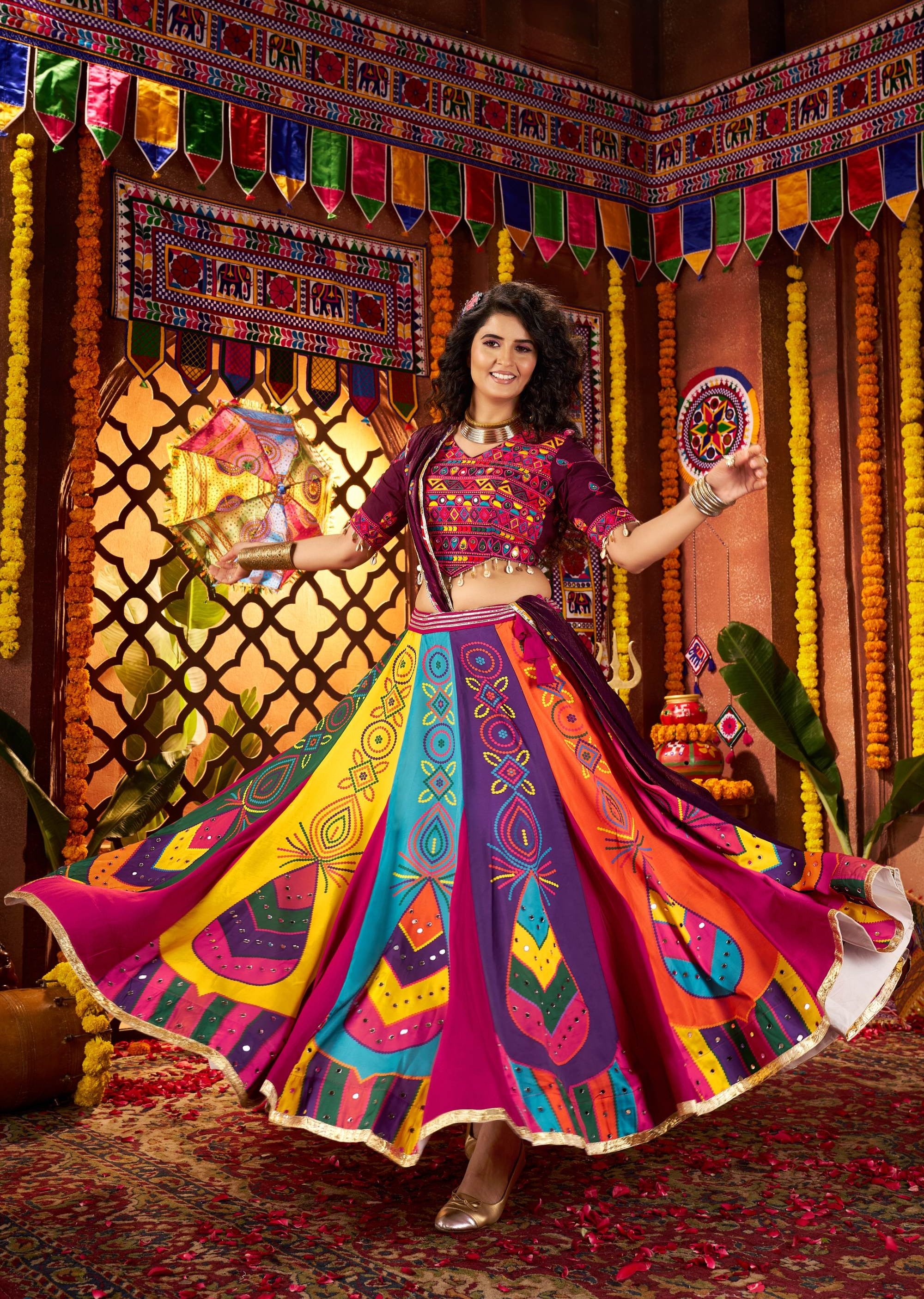Multi Color Gaji Silk Digital Print & Mirror Work Navratri Lehenga Choli-  Bhvk 11064