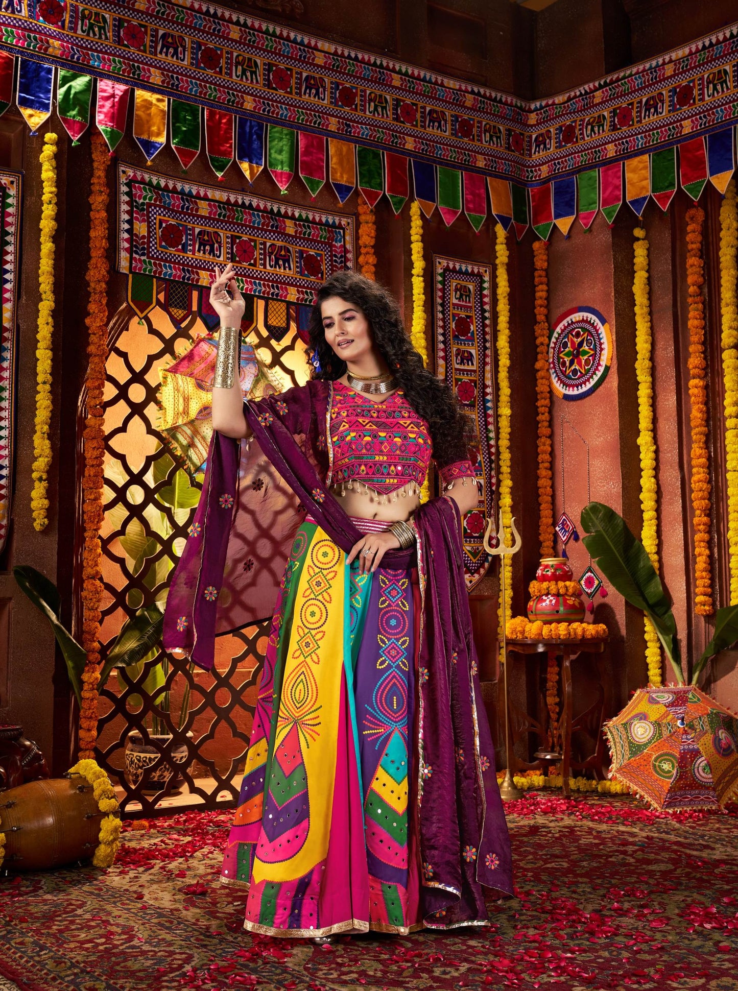 Multi Color Gaji Silk Digital Print & Mirror Work Navratri Lehenga Choli