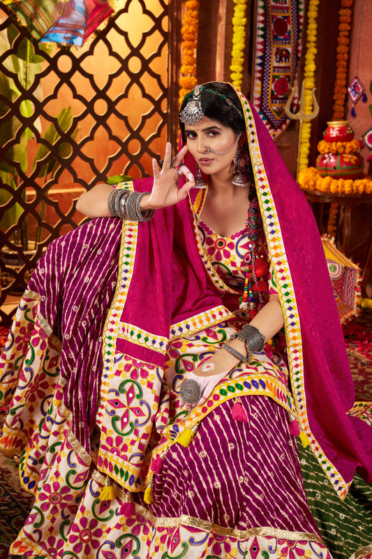 Multi Color Viscose Cotton Jacquard Weaving & Mirror Work Navratri Chaniya Choli