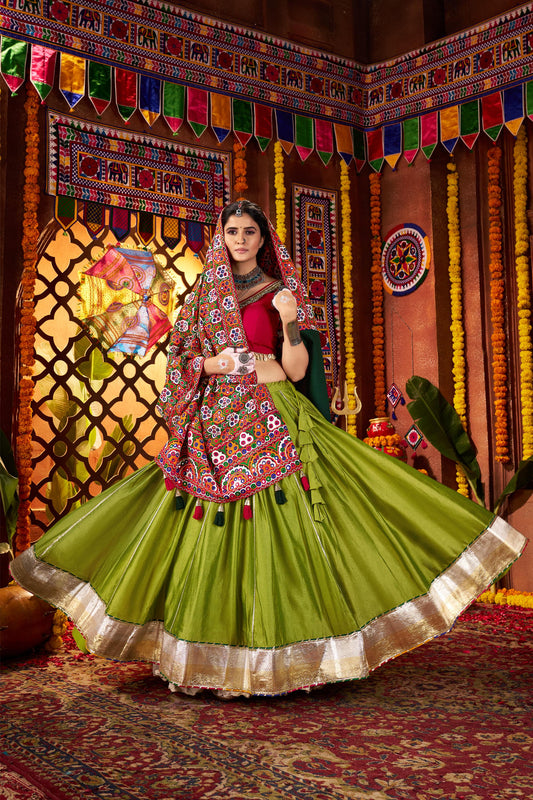 Fluorescent Green Viscose Cotton Thread Work Navratri Chaniya Choli