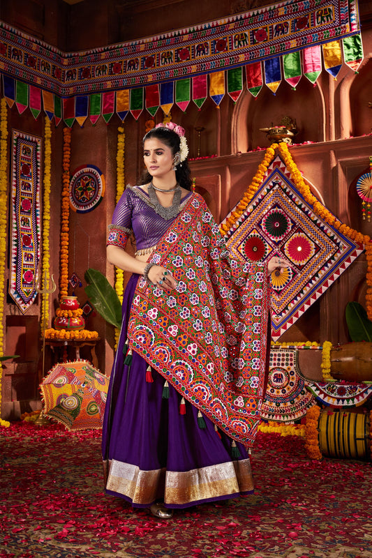 Purple Viscose Cotton & Silk Mirror Work Navratri Chaniya Choli