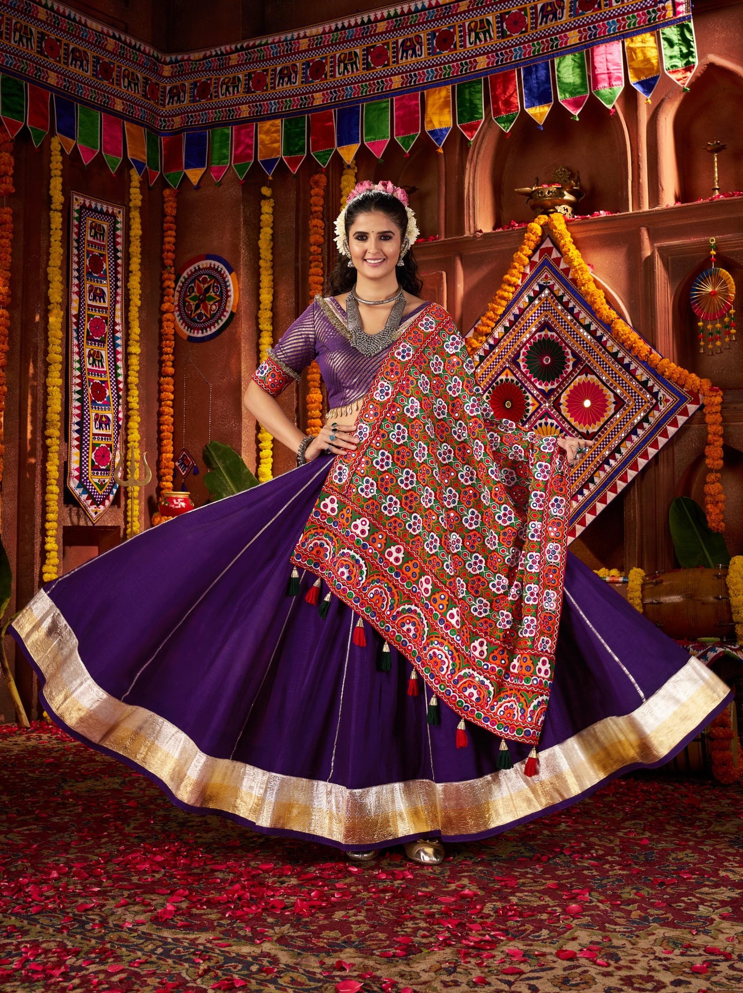 Purple Viscose Cotton & Silk Mirror Work Navratri Chaniya Choli