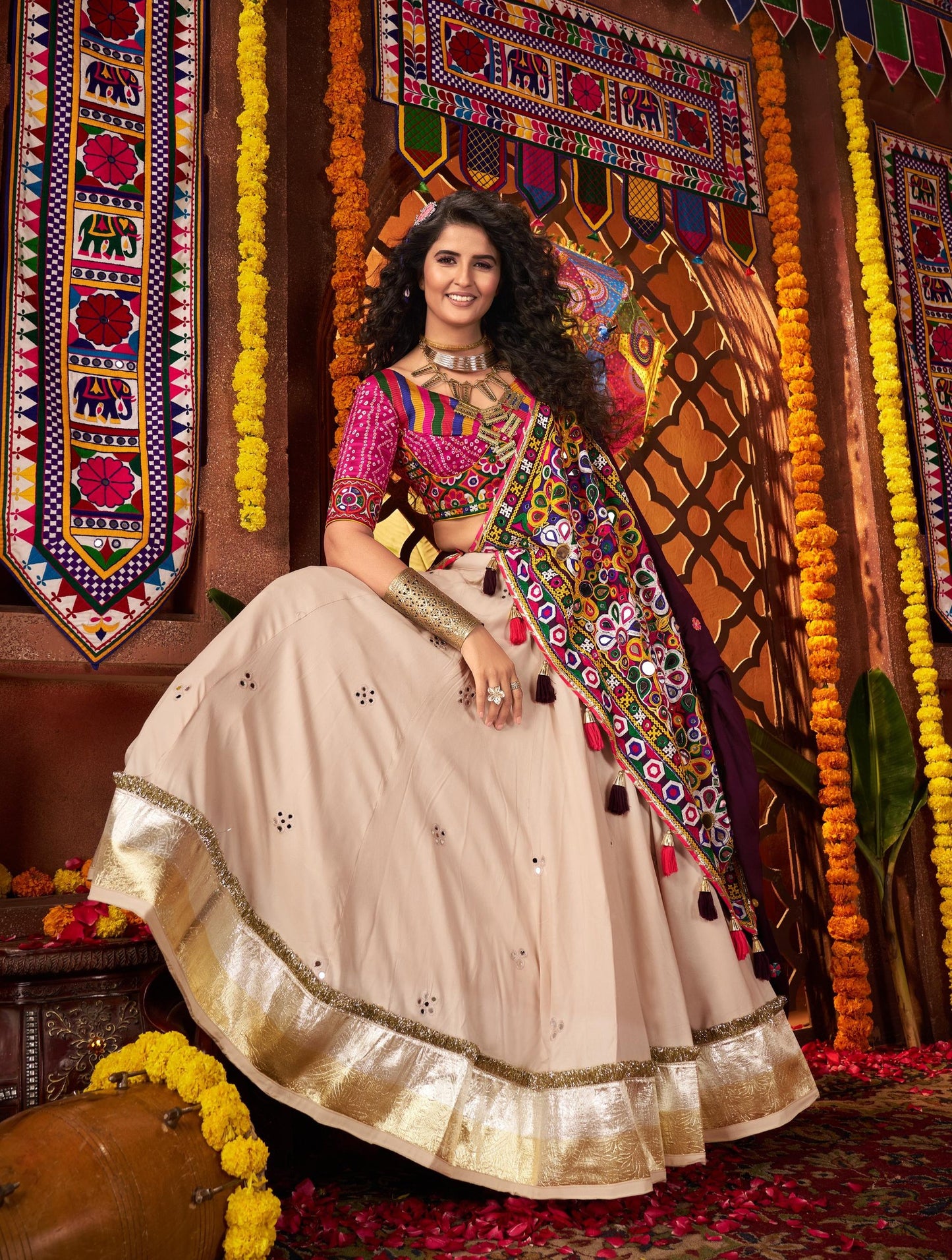Beige Viscose Cotton Print Jacquard Kutchi & Mirror Work Navratri Lehenga