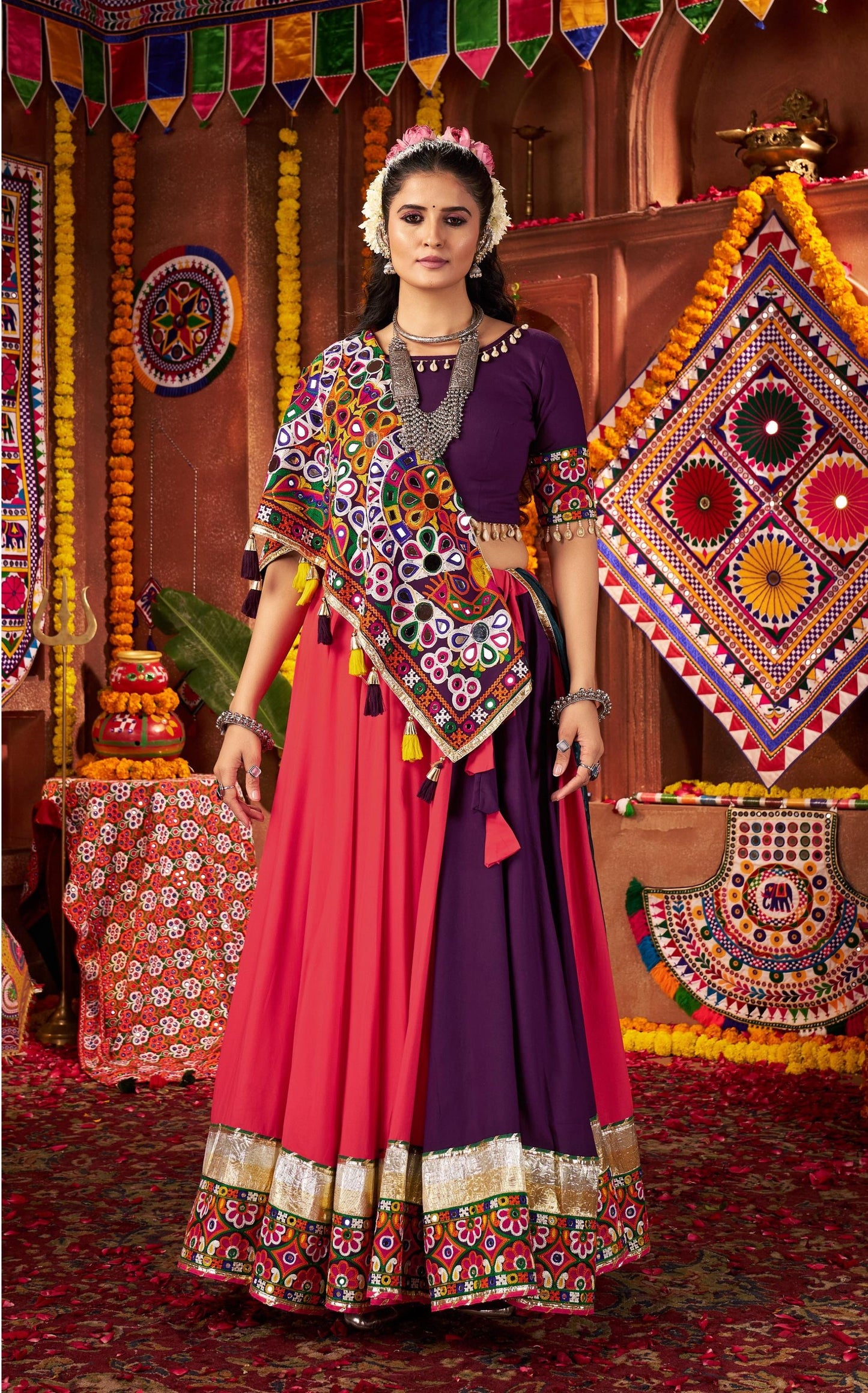 Multi Color Viscose Cotton Print Jacquard Kutchi & Mirror Work Navratri Lehenga